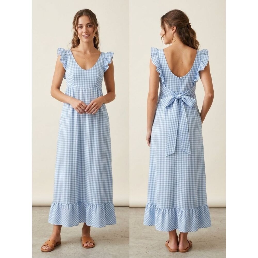 ​Vtg 70s Joy Stevens Blue Gingham Ruffle Maxi Dress Cottagecore Prairie Small